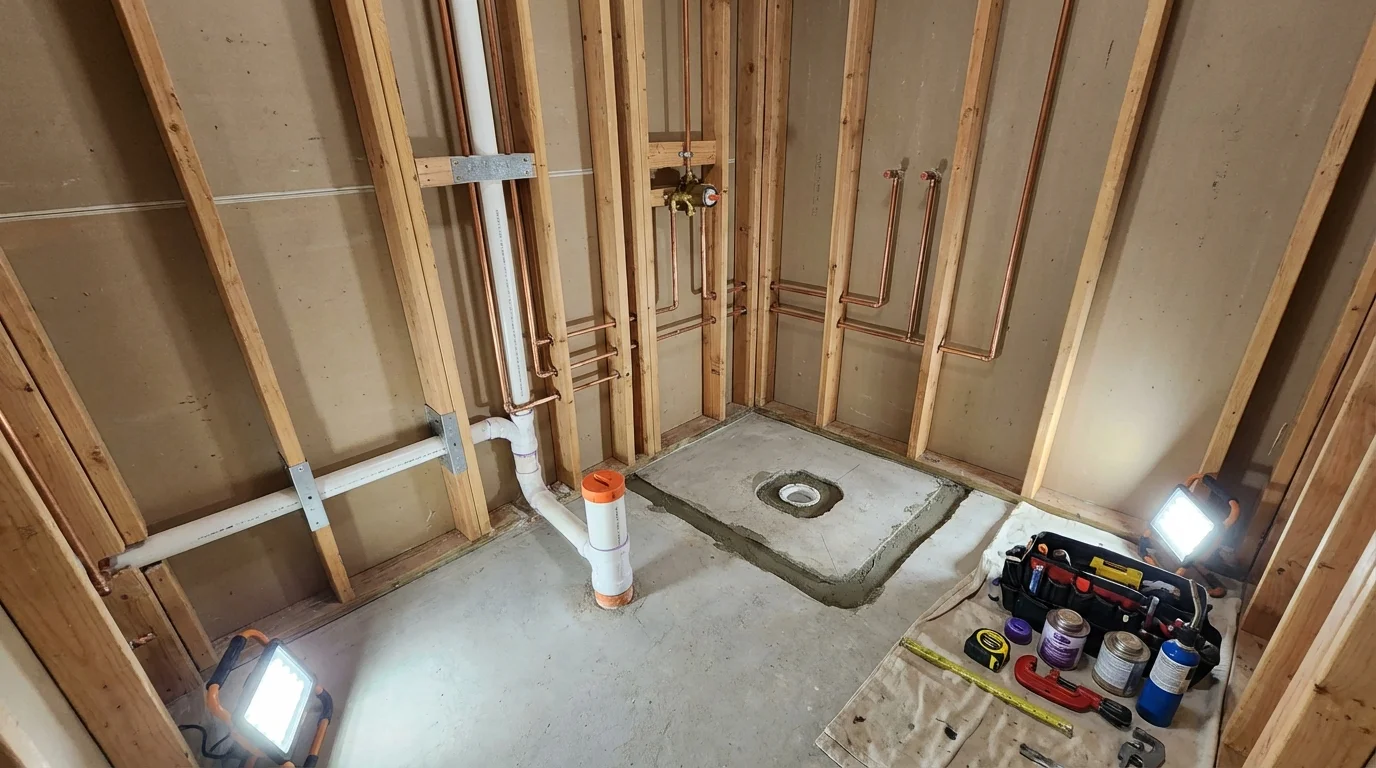 Bathroom rough-in plumbing during remodel by Johns Plumbing LLC in Jonesboro