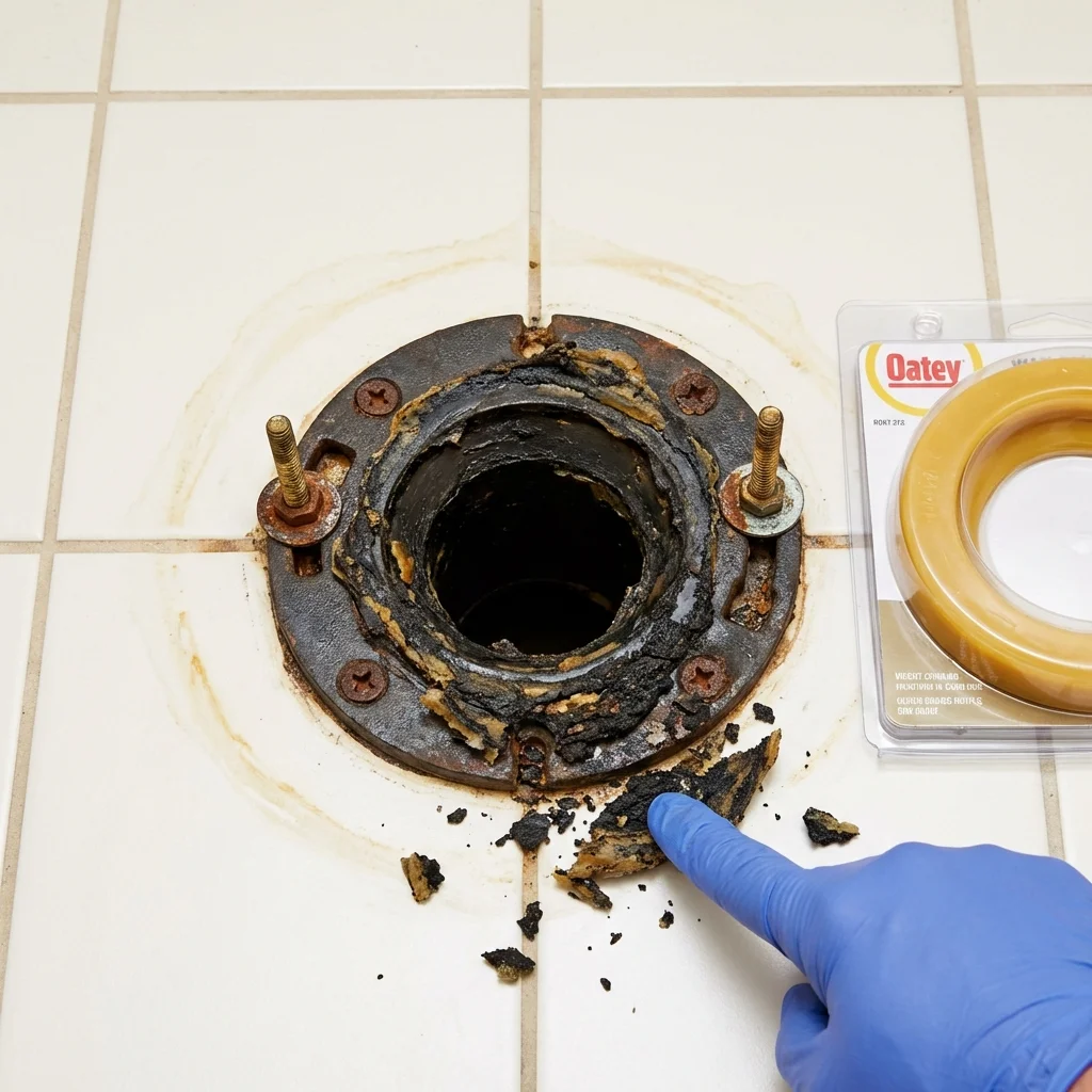 Failed wax ring showing water seepage at the base of a toilet in a Jonesboro, LA home