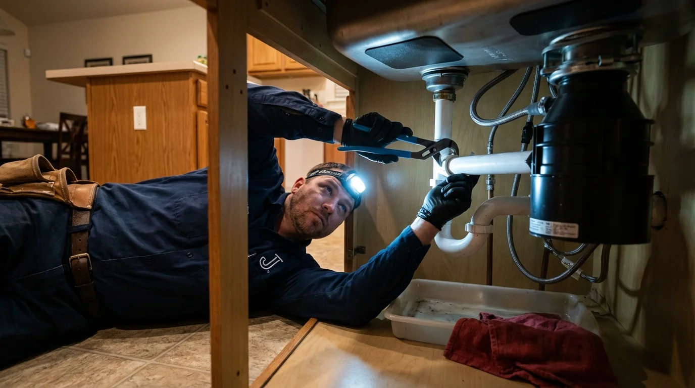 P-trap and supply line connections under a kitchen sink showing a common leak point in Jonesboro, LA